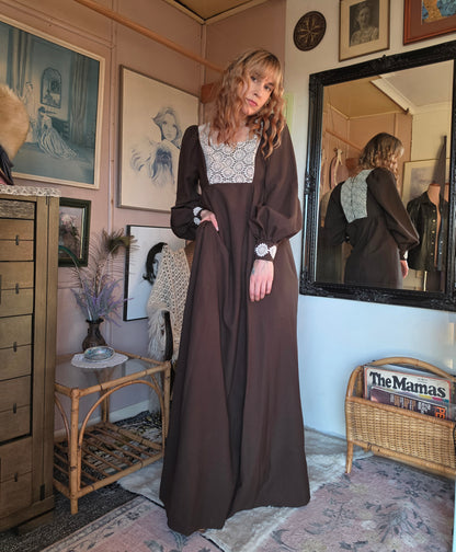 Vintage 1970s Chocolate Prairie Maxi Dress with Crochet Lace Applique - size 8-10