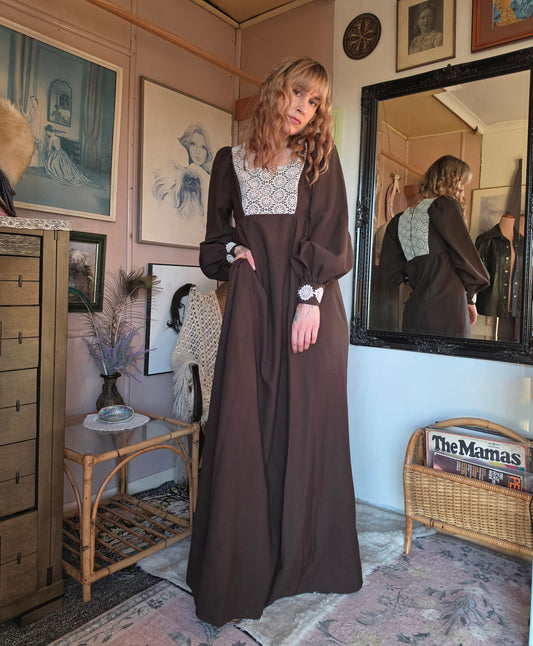 Vintage 1970s Chocolate Prairie Maxi Dress with Crochet Lace Applique - size 8-10