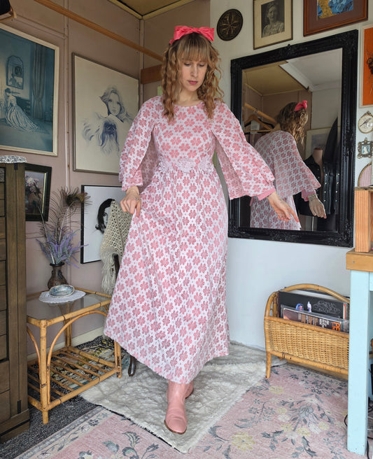 Vintage circa 1980s Dusky Pink Floral Midi Gown with Cape Sleeves - 8-10