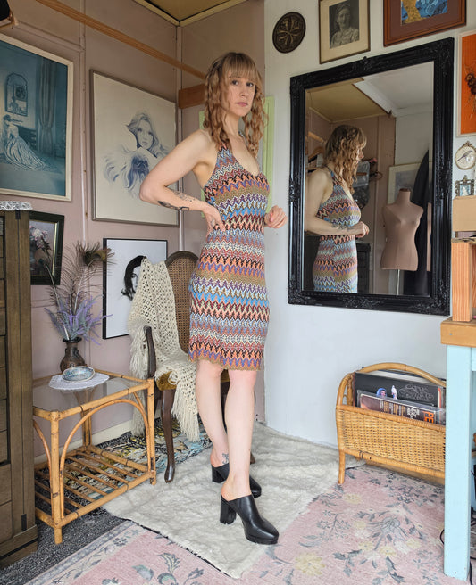 Vintage Y2K Wet Seal Bodycon Textured Halter Neck Midi Dress - size 6-8