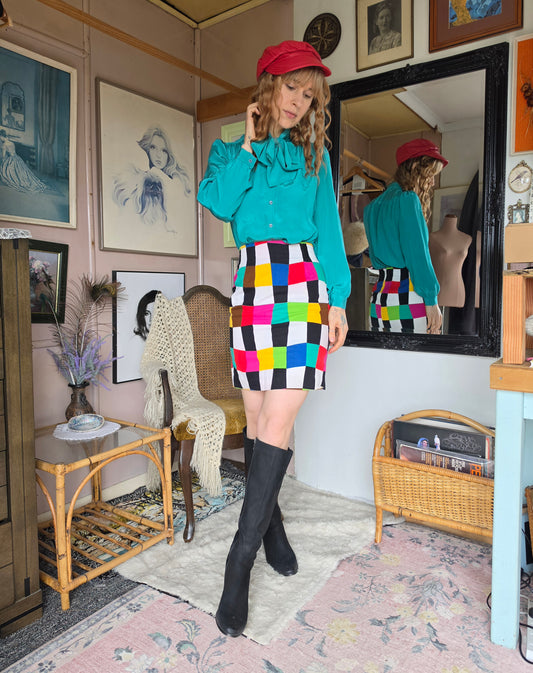 Vintage 1980s Ashley Fogel Multicolour Patchwork Skirt - size 6-8