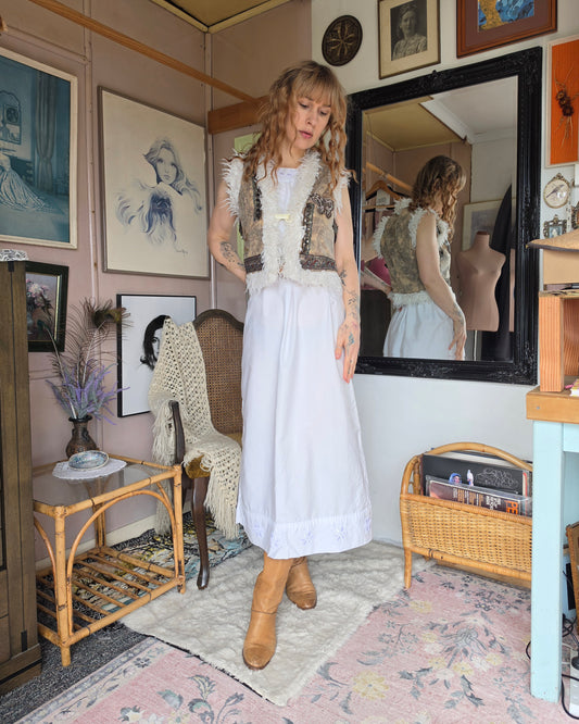 Vintage circa Y2K SOGGO Bohemian Shaggy Gilet Vest with Sequin & Beaded Applique - size 6-8