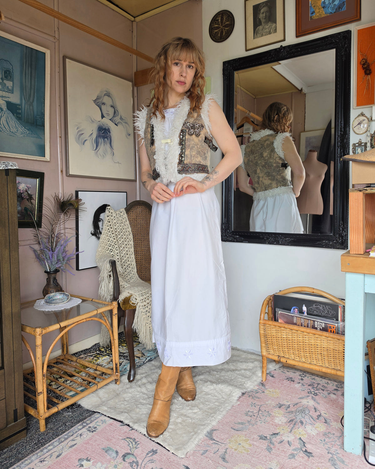 Vintage circa Y2K SOGGO Bohemian Shaggy Gilet Vest with Sequin & Beaded Applique - size 6-8