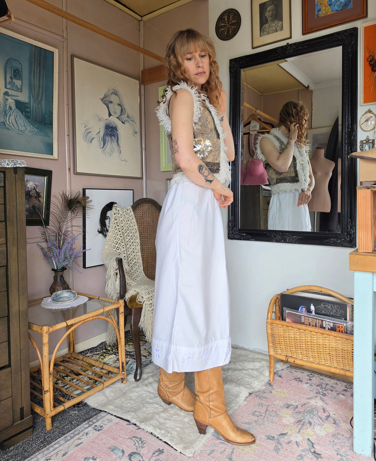 Vintage circa Y2K SOGGO Bohemian Shaggy Gilet Vest with Sequin & Beaded Applique - size 6-8