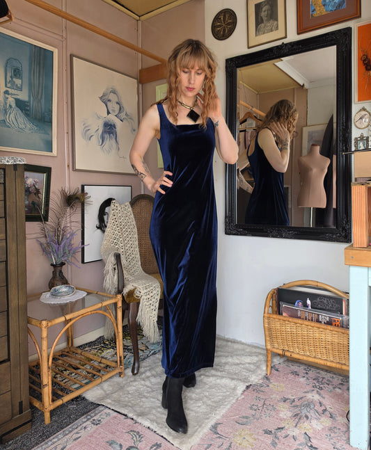 Vintage circa Y2K Glassons Dark Blueberry Velvet Maxi Dress - 8-10