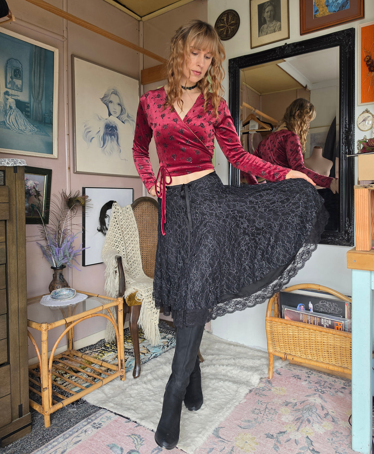 Vintage Y2K Millers Floral Whimsigoth Net Midi Skirt - 6-8