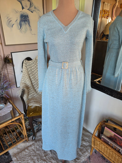 Vintage 1970s Sonny Pastel Blue and Silver Sparkle Knit Maxi Dress - size 6-8