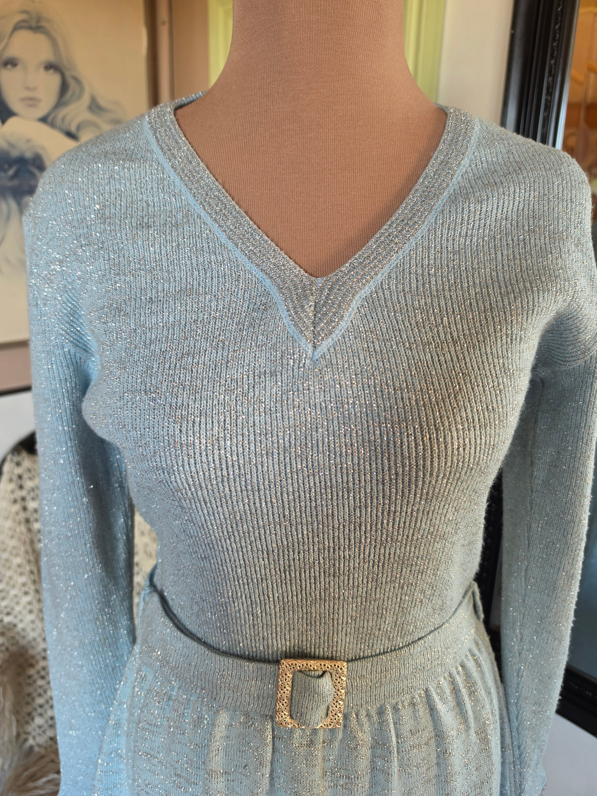 Vintage 1970s Sonny Pastel Blue and Silver Sparkle Knit Maxi Dress - size 6-8