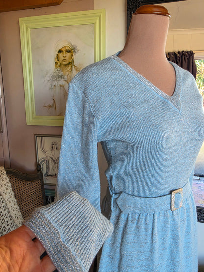 Vintage 1970s Sonny Pastel Blue and Silver Sparkle Knit Maxi Dress - size 6-8