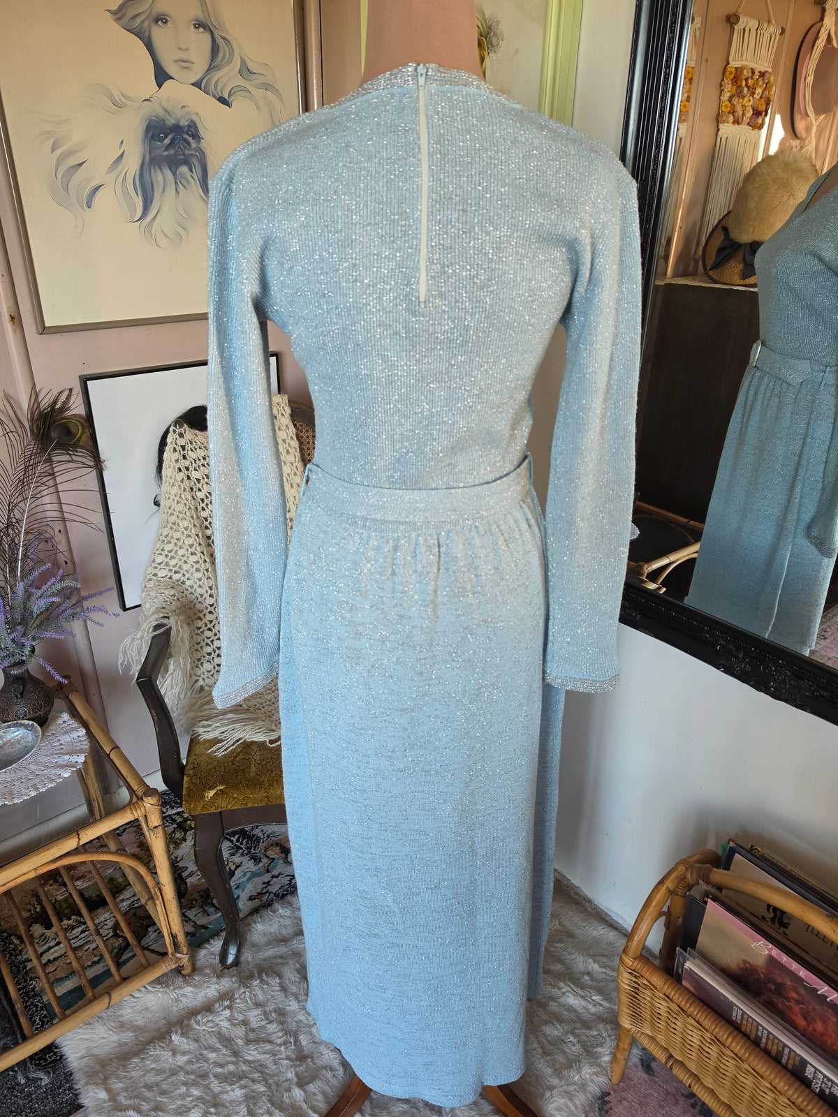 Vintage 1970s Sonny Pastel Blue and Silver Sparkle Knit Maxi Dress - size 6-8