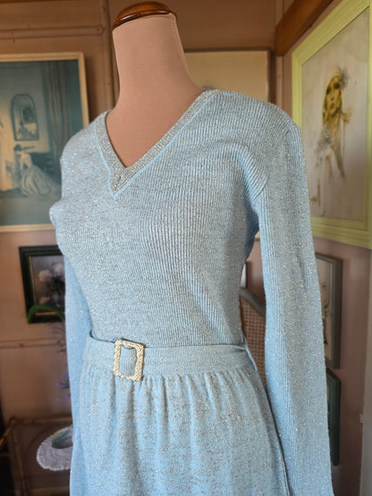 Vintage 1970s Sonny Pastel Blue and Silver Sparkle Knit Maxi Dress - size 6-8