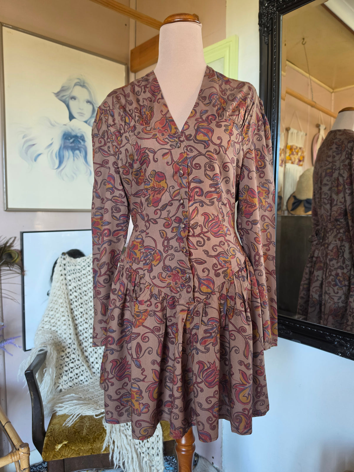 Vintage 1980s Kim London Paisley Drop-Waist Mini Dress - size 6-8