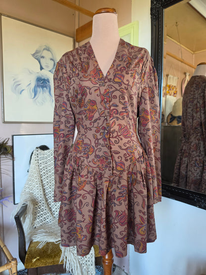 Vintage 1980s Kim London Paisley Drop-Waist Mini Dress - size 6-8