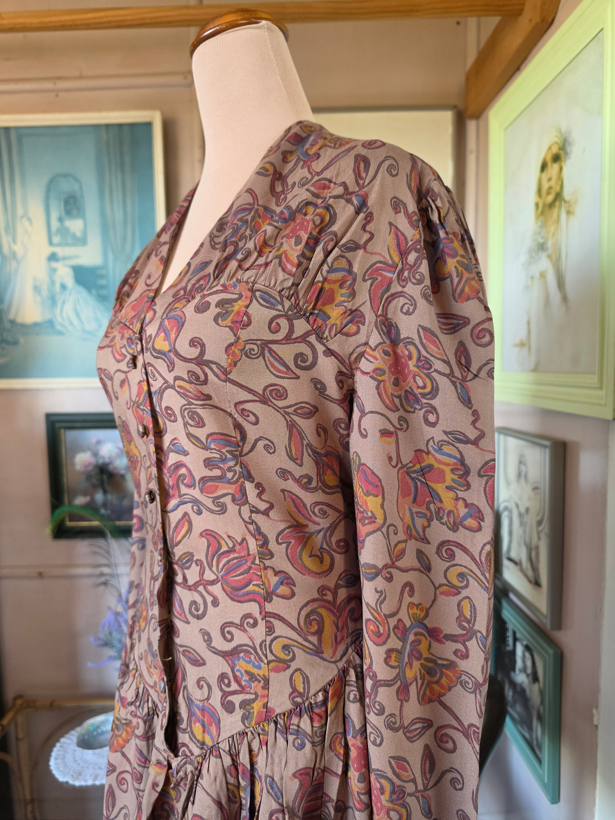 Vintage 1980s Kim London Paisley Drop-Waist Mini Dress - size 6-8