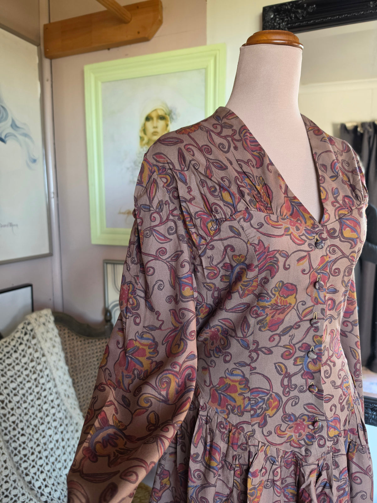 Vintage 1980s Kim London Paisley Drop-Waist Mini Dress - size 6-8