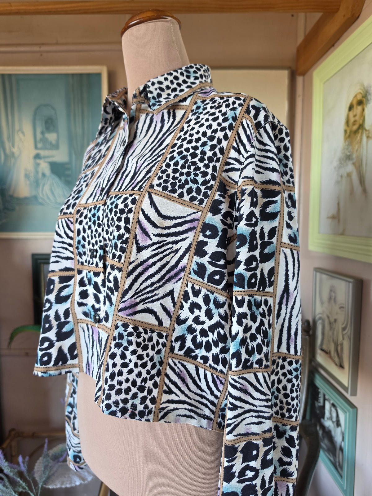 Vintage 1990s Concept Animal Print Multicolour Cropped Button Up - size 10-12