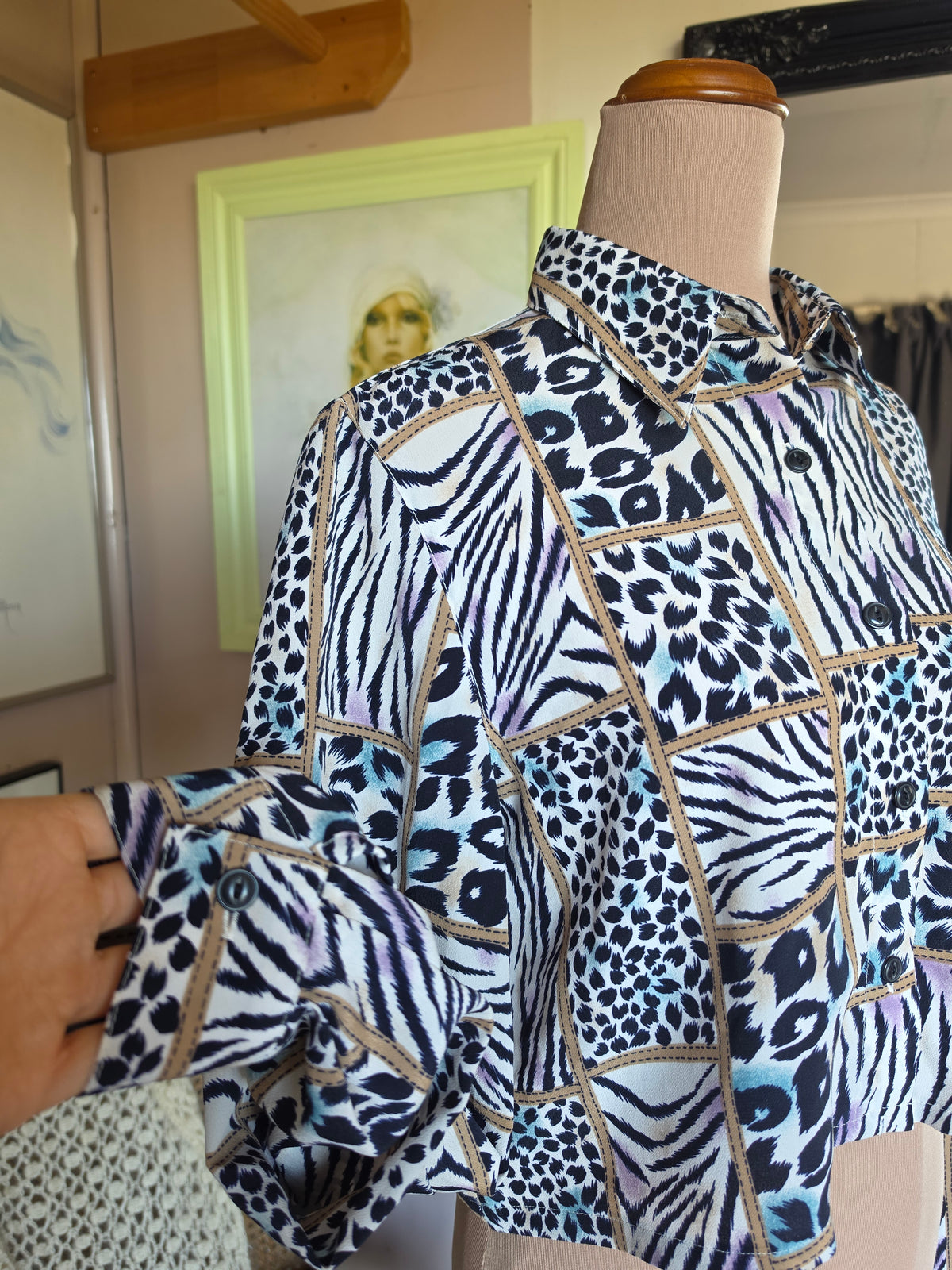 Vintage 1990s Concept Animal Print Multicolour Cropped Button Up - size 10-12