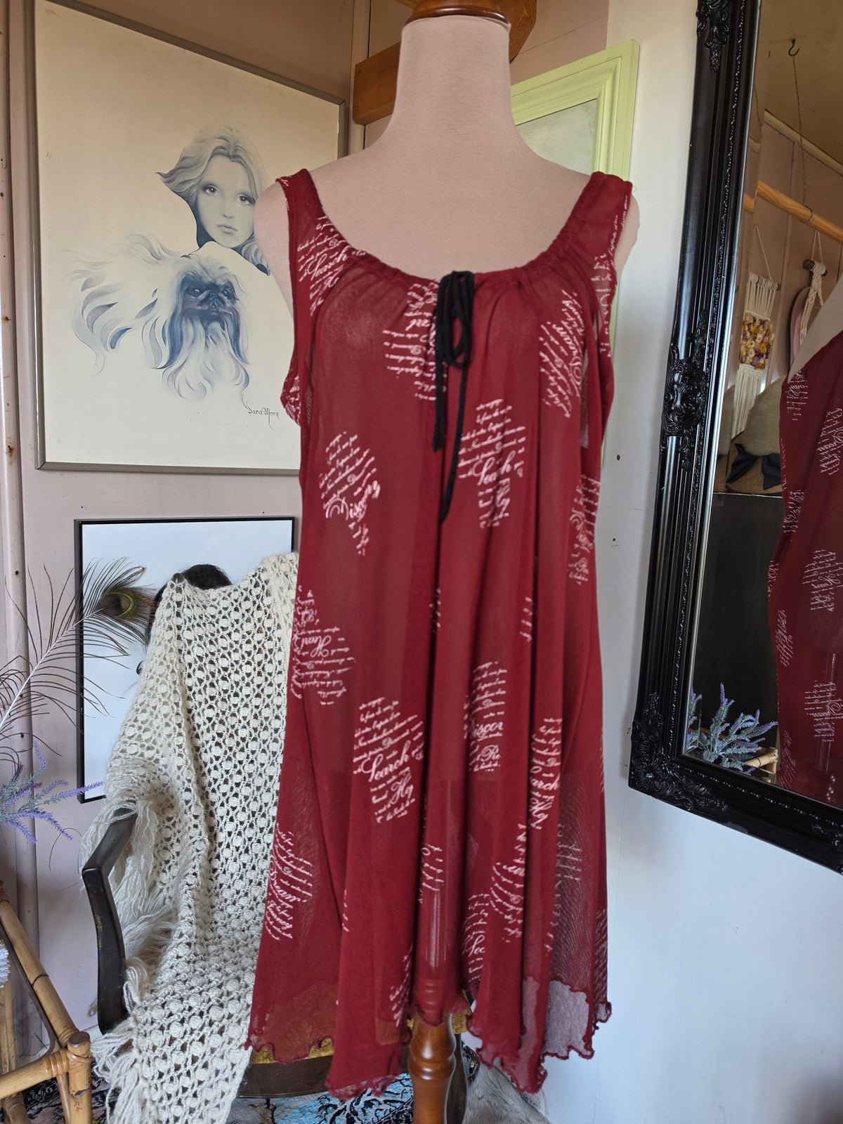Vintage circa Y2K Art Style Scarlet Mesh Script Mini Dress - 10-14