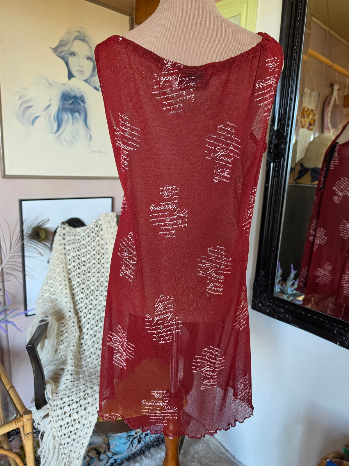 Vintage circa Y2K Art Style Scarlet Mesh Script Mini Dress - 10-14