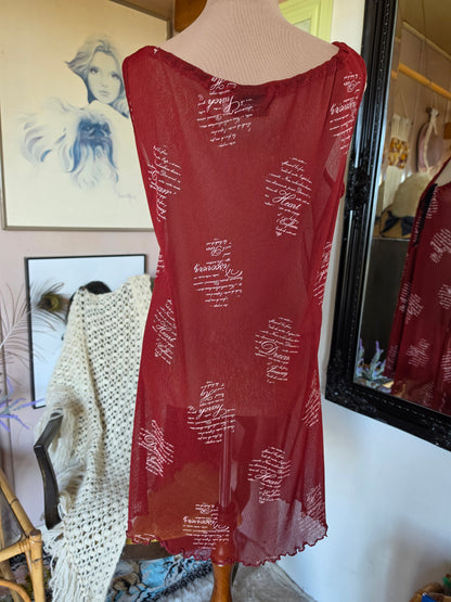 Vintage circa Y2K Art Style Scarlet Mesh Script Mini Dress - 10-14