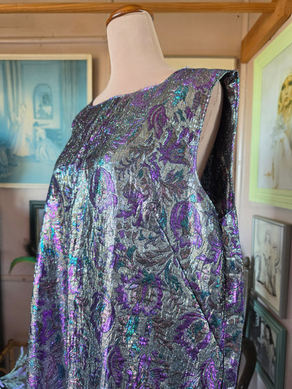 Vintage circa 1970s Electric Purple and Silver Metallic Sleeveless Dress - size 16-18