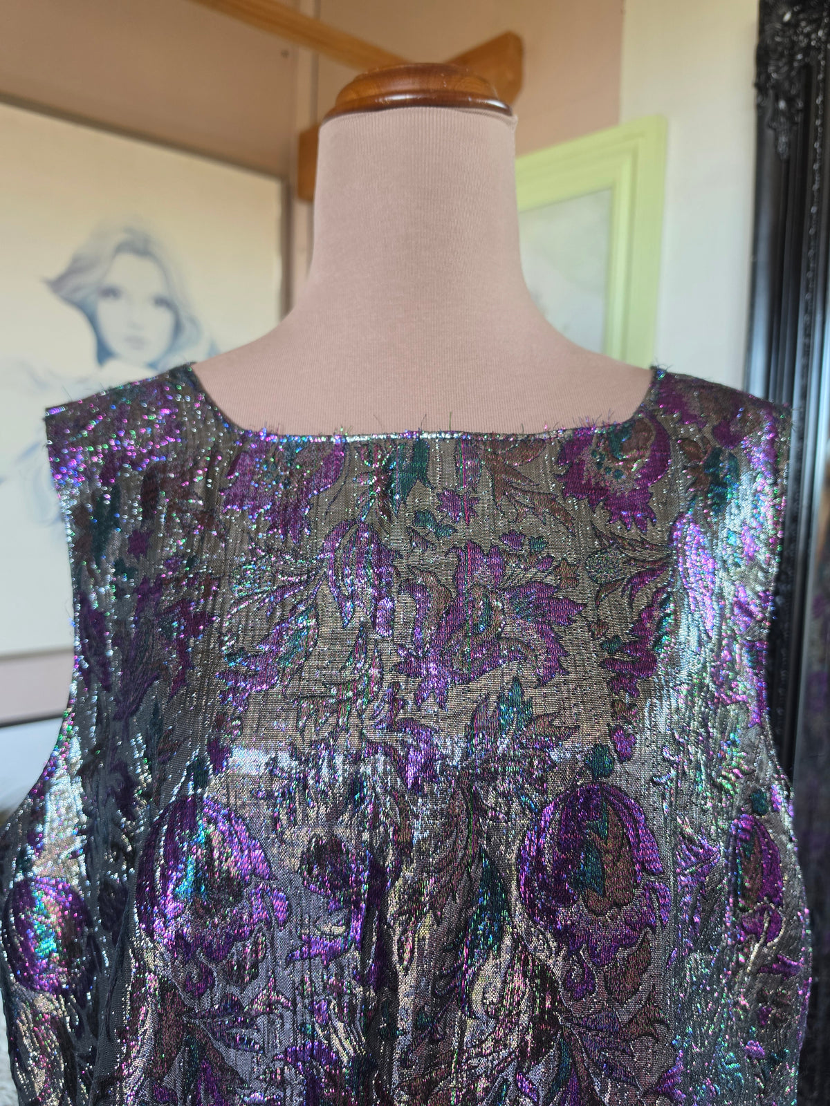Vintage circa 1970s Electric Purple and Silver Metallic Sleeveless Dress - size 16-18