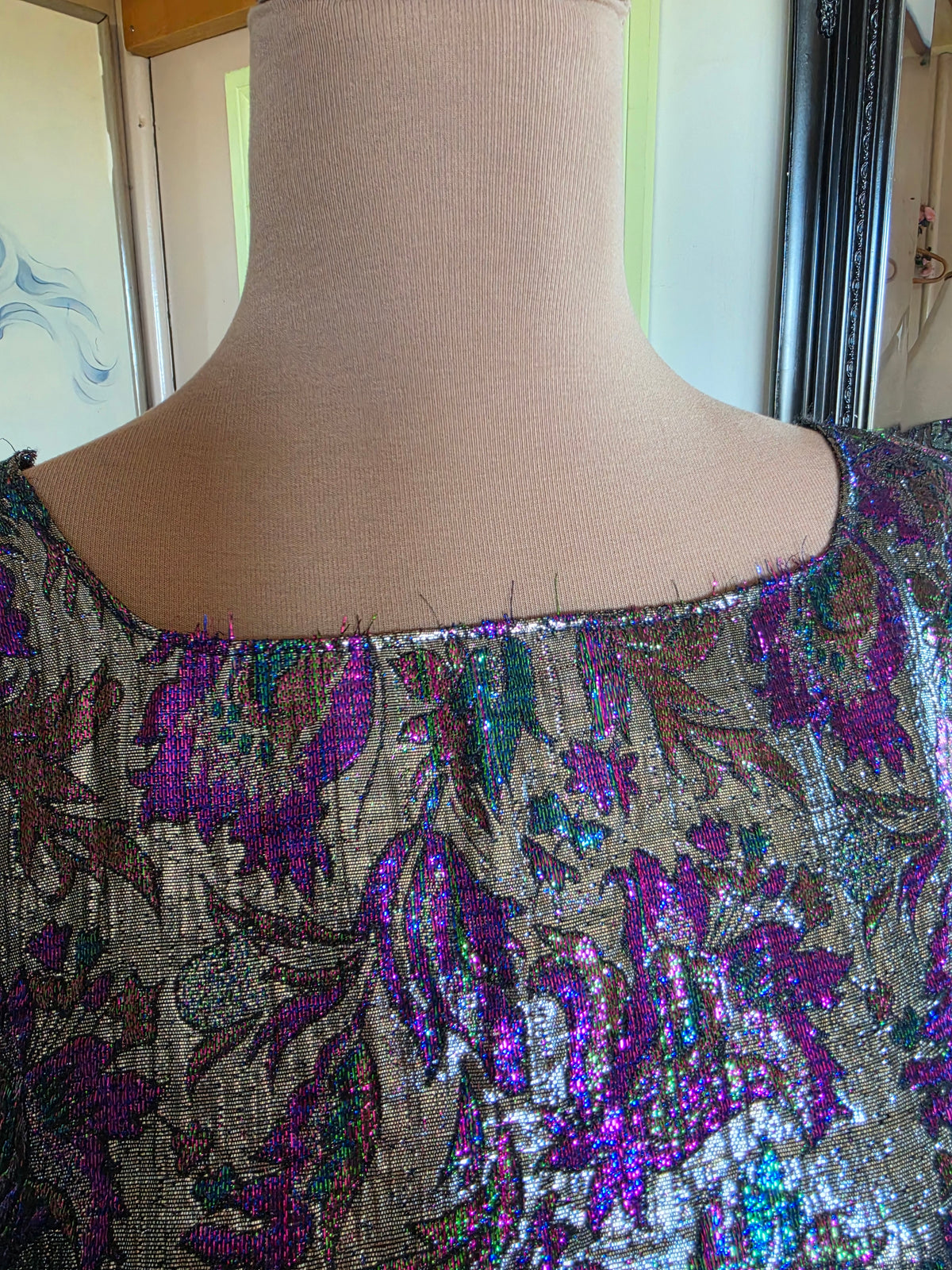 Vintage circa 1970s Electric Purple and Silver Metallic Sleeveless Dress - size 16-18