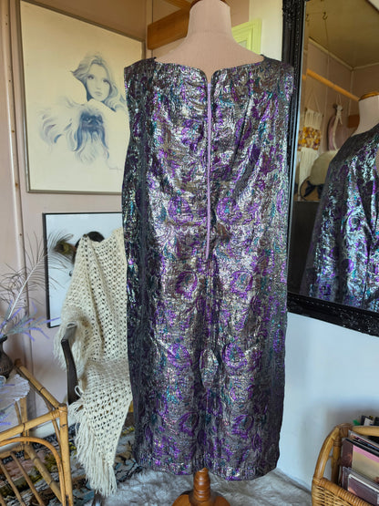 Vintage circa 1970s Electric Purple and Silver Metallic Sleeveless Dress - size 16-18