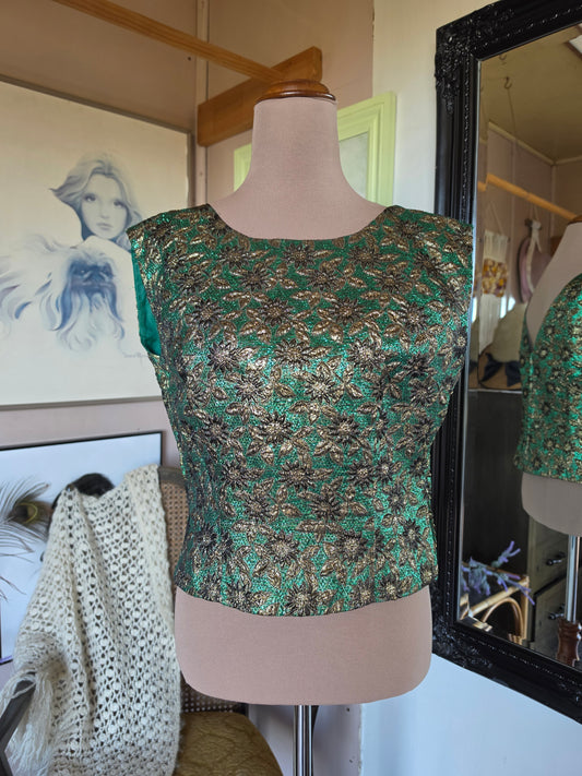 Vintage 1970s Metallic Brocade Emerald and Bronze Disco Vest - size 8