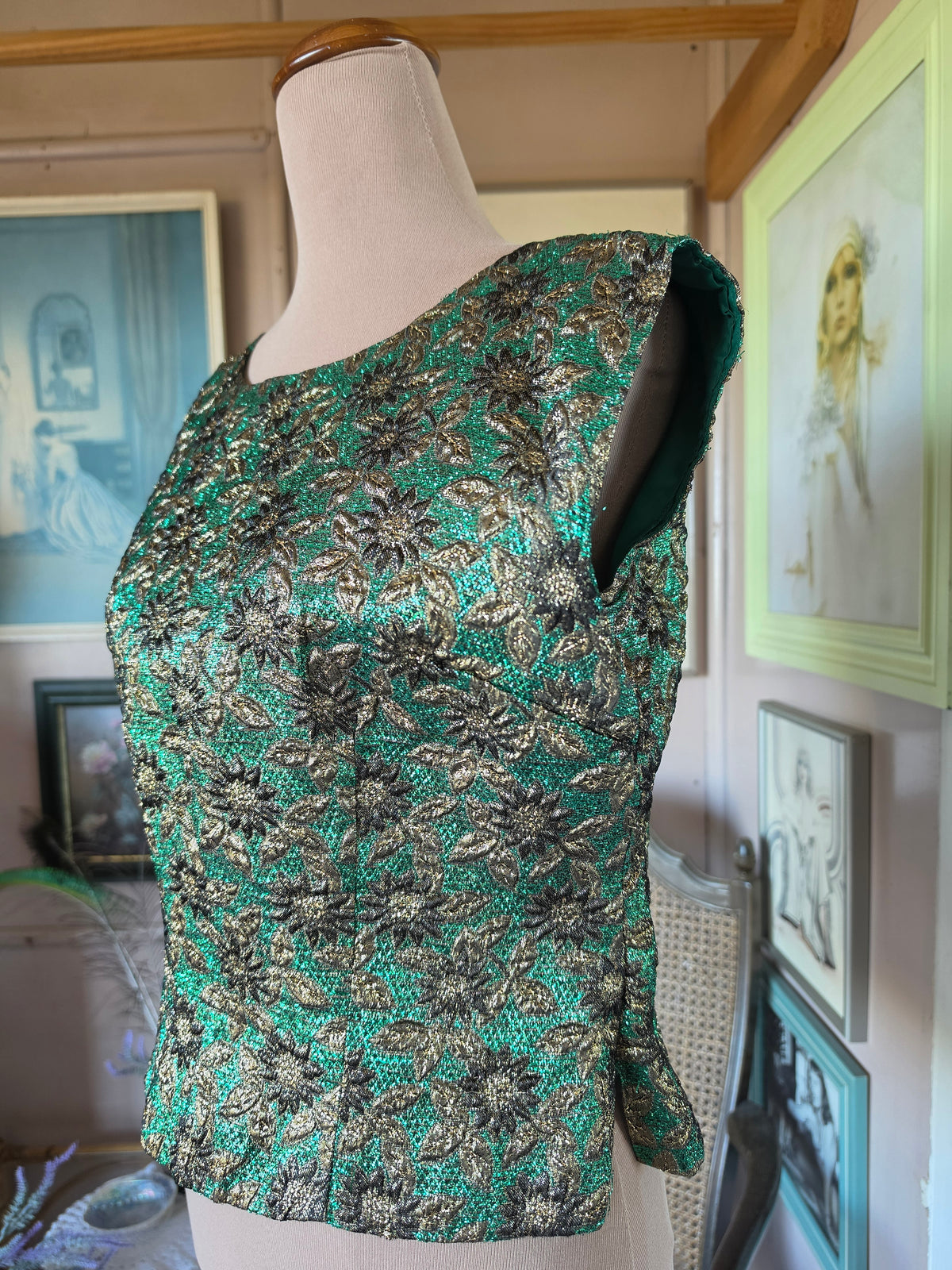 Vintage 1970s Metallic Brocade Emerald and Bronze Disco Vest - size 8