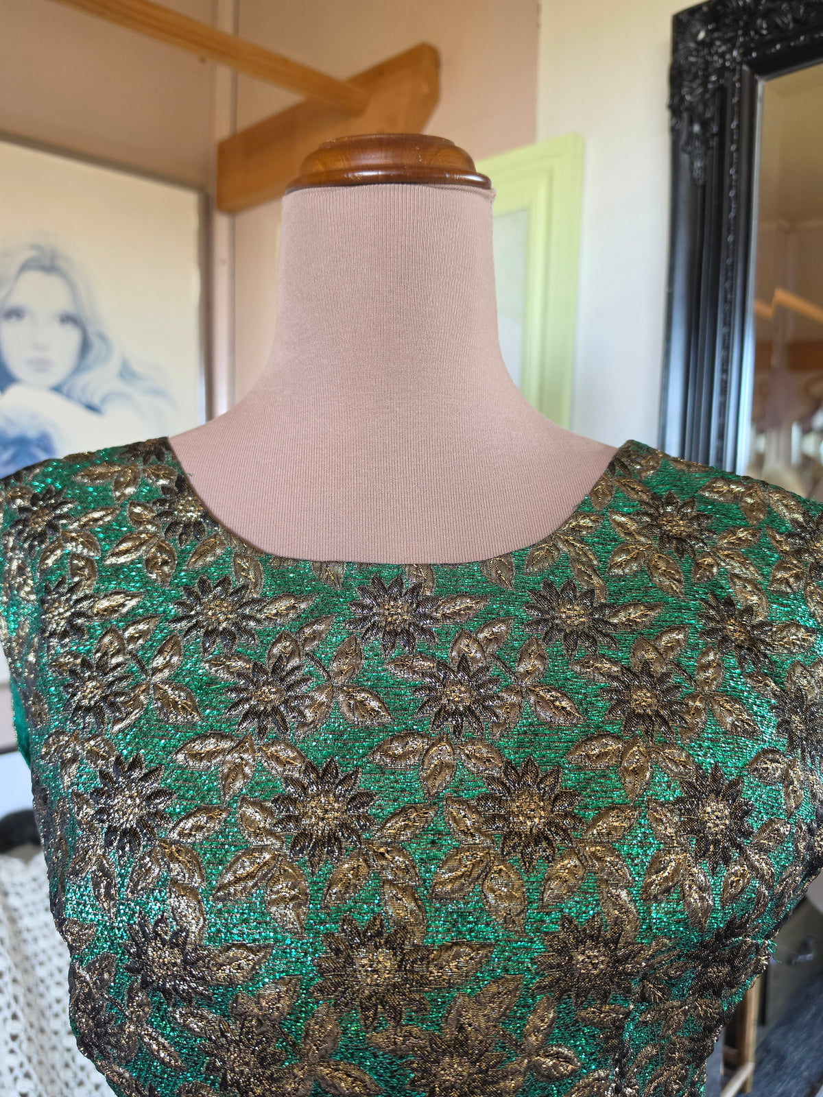 Vintage 1970s Metallic Brocade Emerald and Bronze Disco Vest - size 8