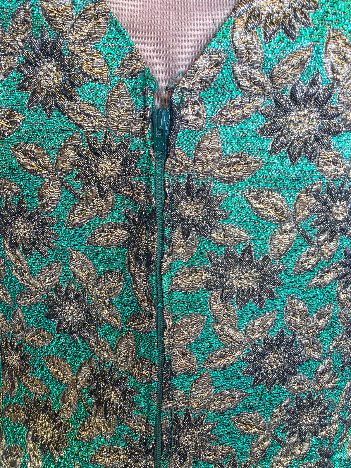 Vintage 1970s Metallic Brocade Emerald and Bronze Disco Vest - size 8