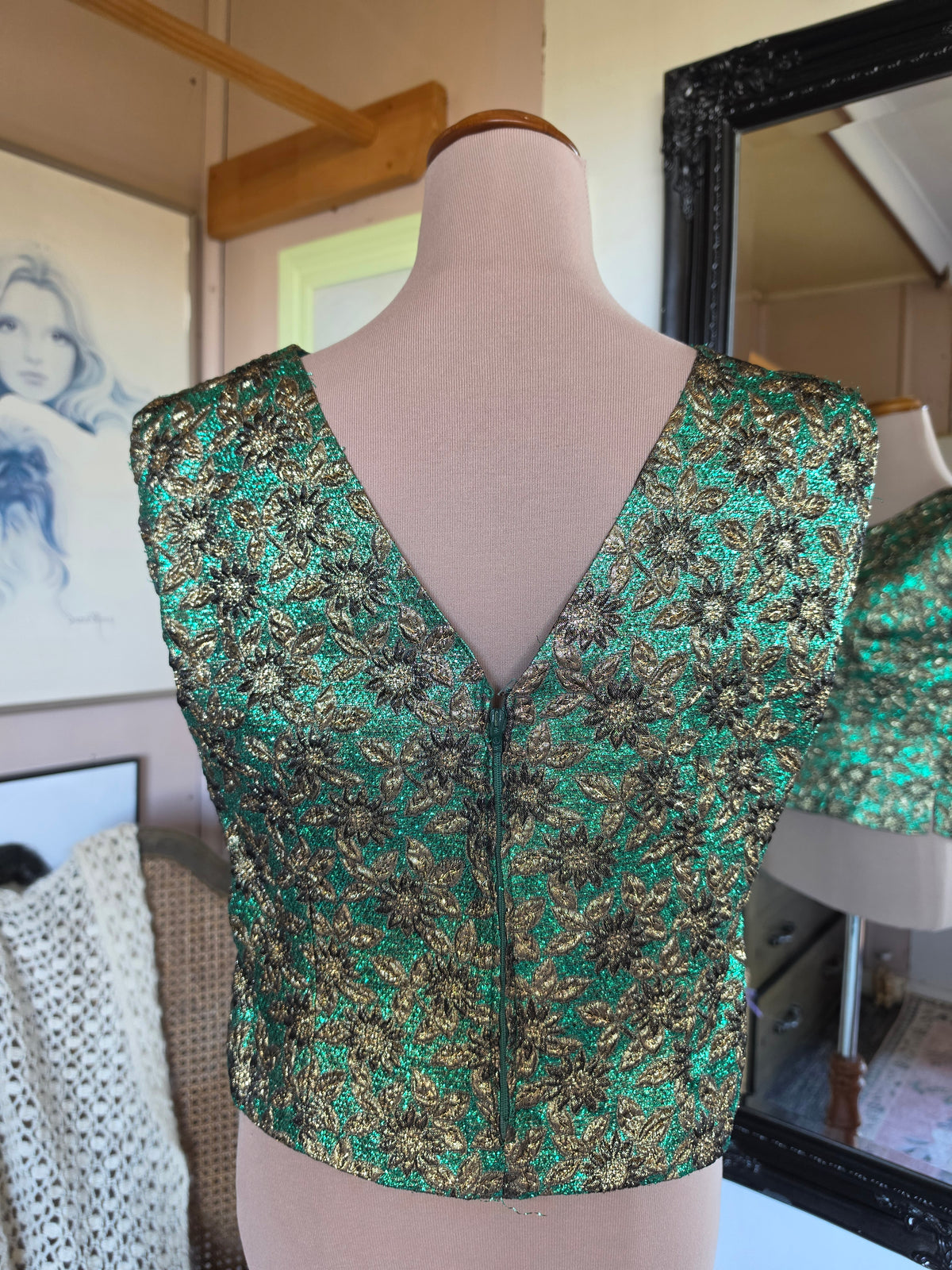 Vintage 1970s Metallic Brocade Emerald and Bronze Disco Vest - size 8