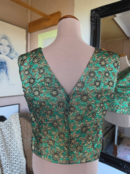 Vintage 1970s Metallic Brocade Emerald and Bronze Disco Vest - size 8