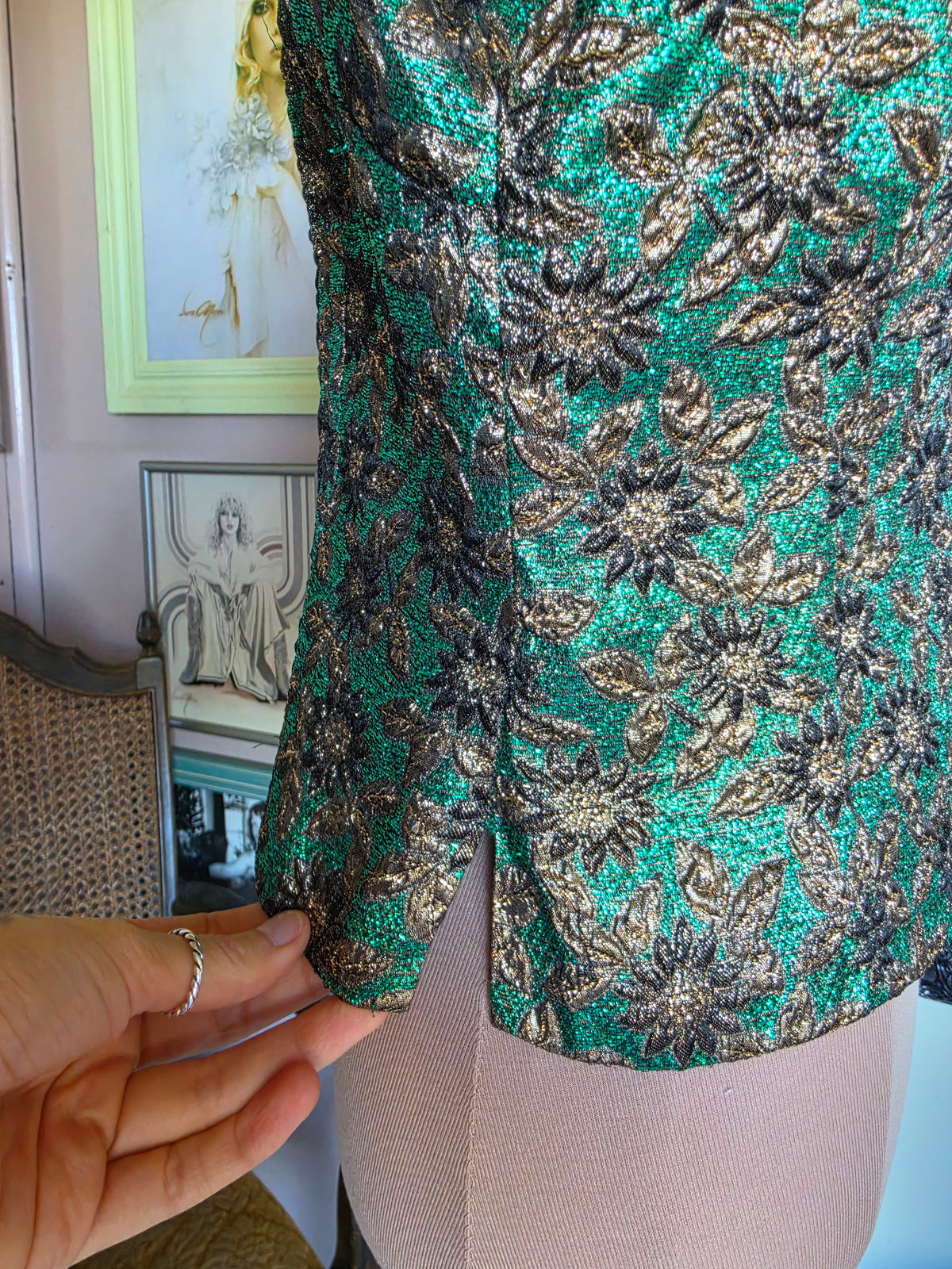 Vintage 1970s Metallic Brocade Emerald and Bronze Disco Vest - size 8