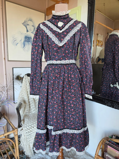 Vintage 1970s Candi Jones California Western Floral Prairie Midi Dress - 6-8