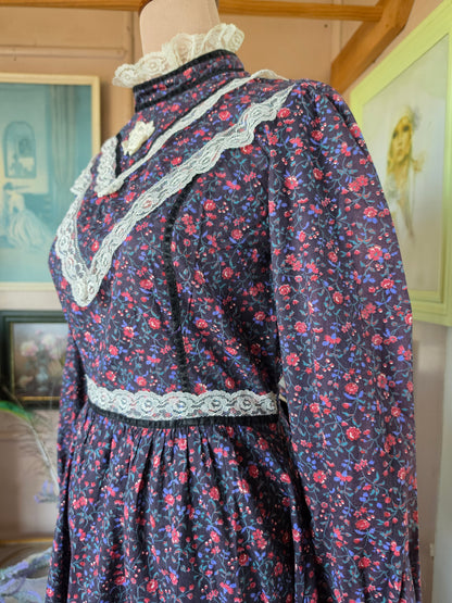 Vintage 1970s Candi Jones California Western Floral Prairie Midi Dress - 6-8