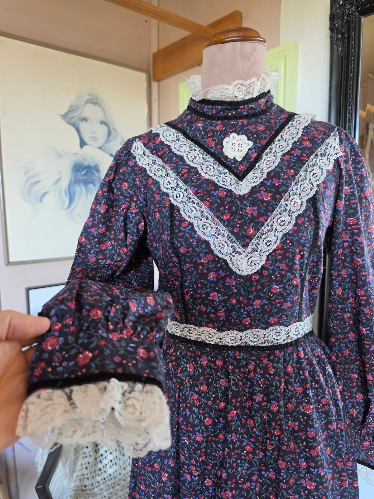 Vintage 1970s Candi Jones California Western Floral Prairie Midi Dress - 6-8