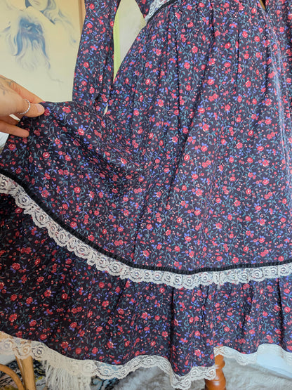 Vintage 1970s Candi Jones California Western Floral Prairie Midi Dress - 6-8