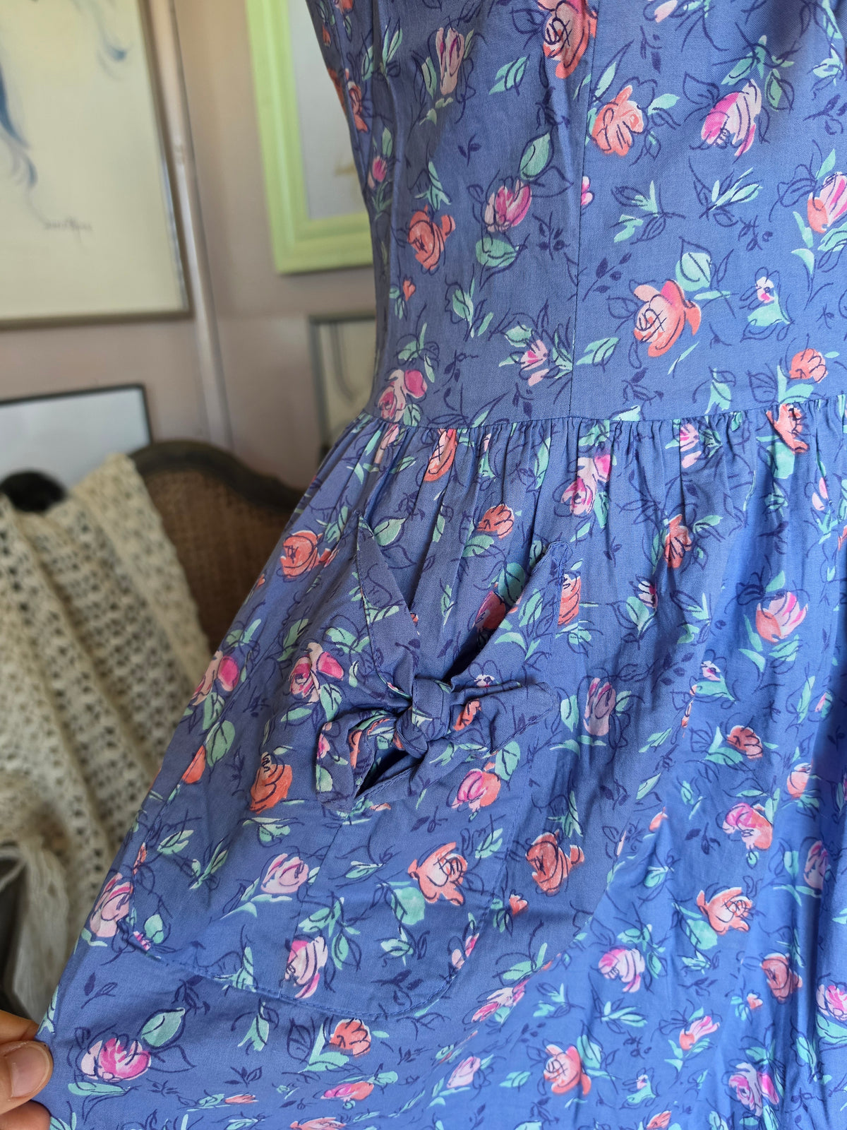 Vintage circa 1980s Laura Ashley Dusky Blue and Blush Pink Rose Sleeveless Midi Dress - size 6-8