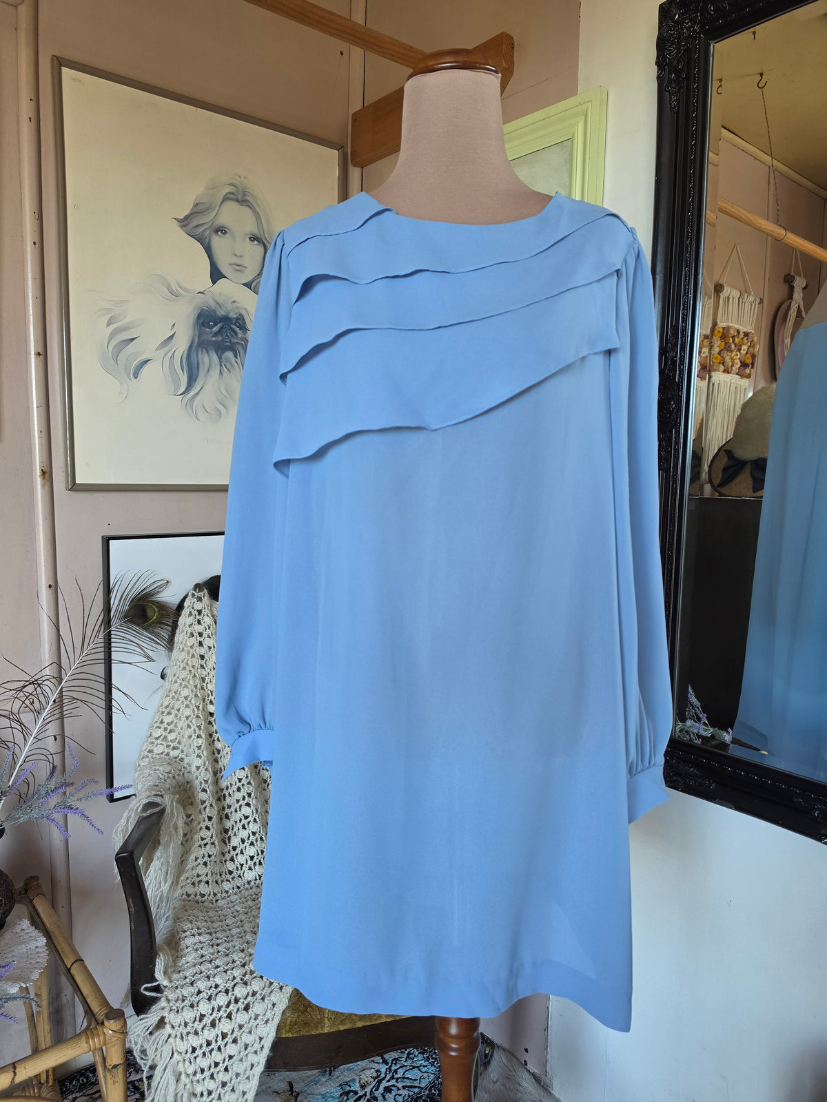 Vintage 1970s Enid H Baby Blue Mini Dress - size 10-12