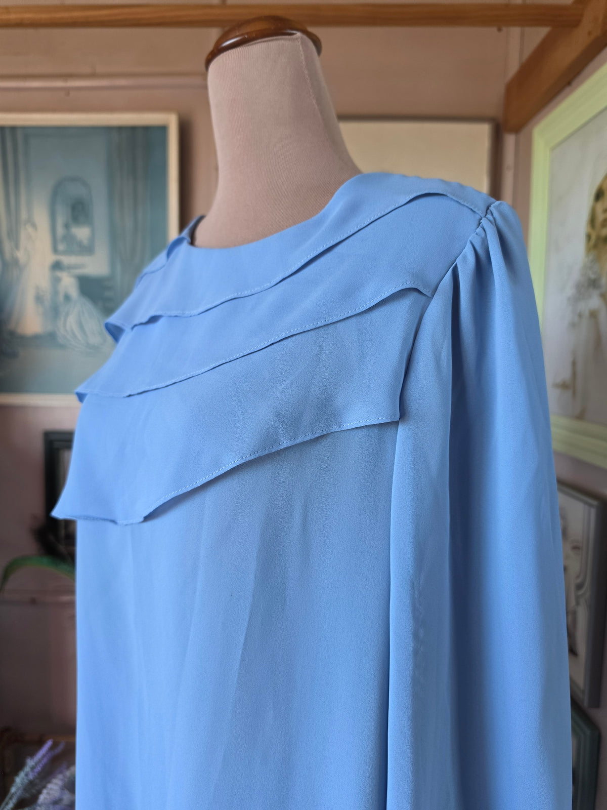 Vintage 1970s Enid H Baby Blue Mini Dress - size 10-12