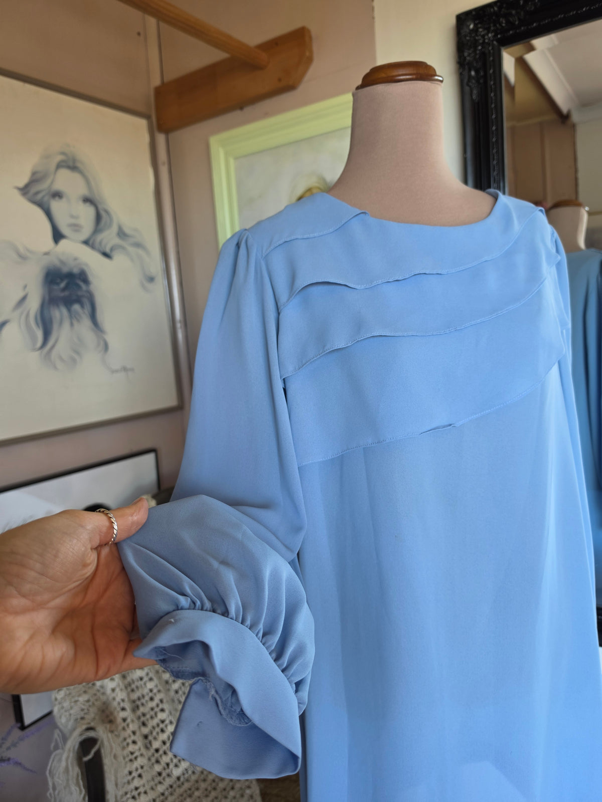 Vintage 1970s Enid H Baby Blue Mini Dress - size 10-12