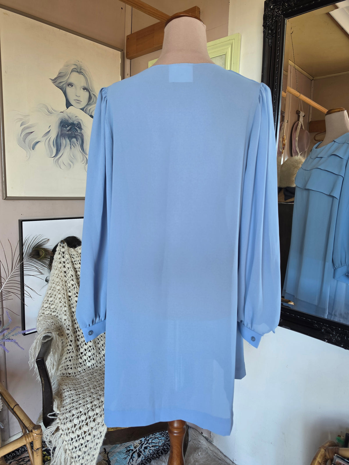 Vintage 1970s Enid H Baby Blue Mini Dress - size 10-12