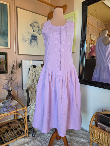 Vintage 1980s Deadstock Blossoms Lavender Drop Waist Midi Dress - size 8
