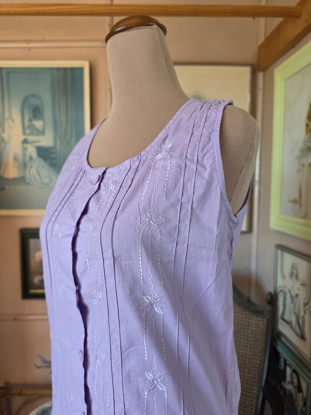 Vintage 1980s Deadstock Blossoms Lavender Drop Waist Midi Dress - size 8