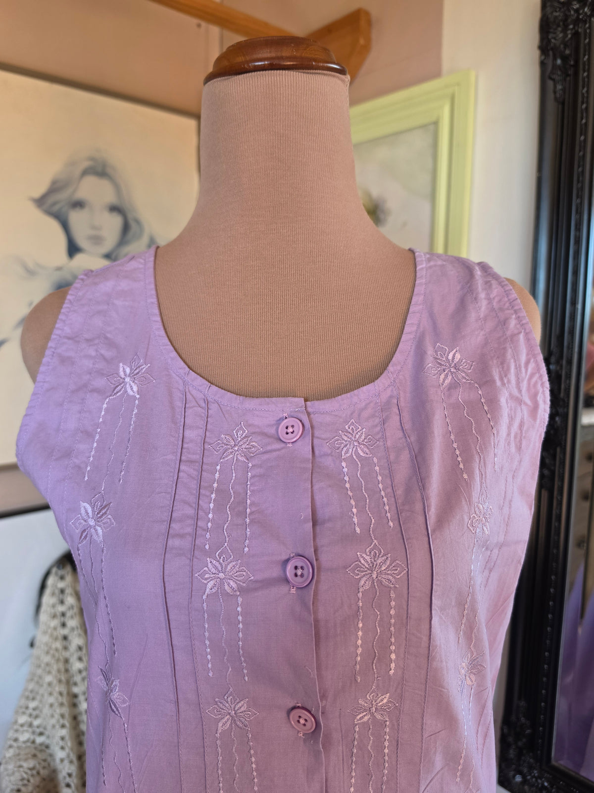 Vintage 1980s Deadstock Blossoms Lavender Drop Waist Midi Dress - size 8
