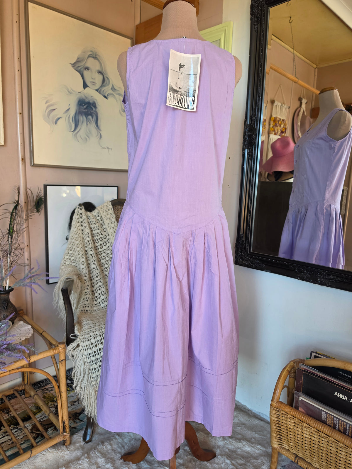 Vintage 1980s Deadstock Blossoms Lavender Drop Waist Midi Dress - size 8