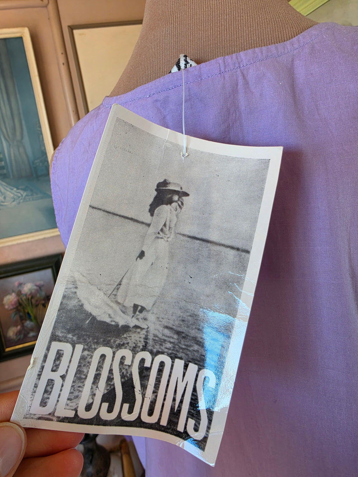 Vintage 1980s Deadstock Blossoms Lavender Drop Waist Midi Dress - size 8
