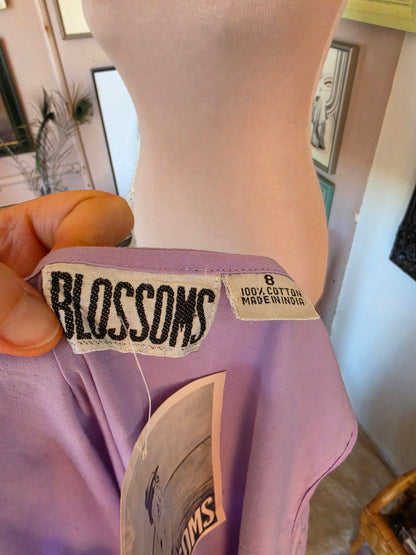 Vintage 1980s Deadstock Blossoms Lavender Drop Waist Midi Dress - size 8